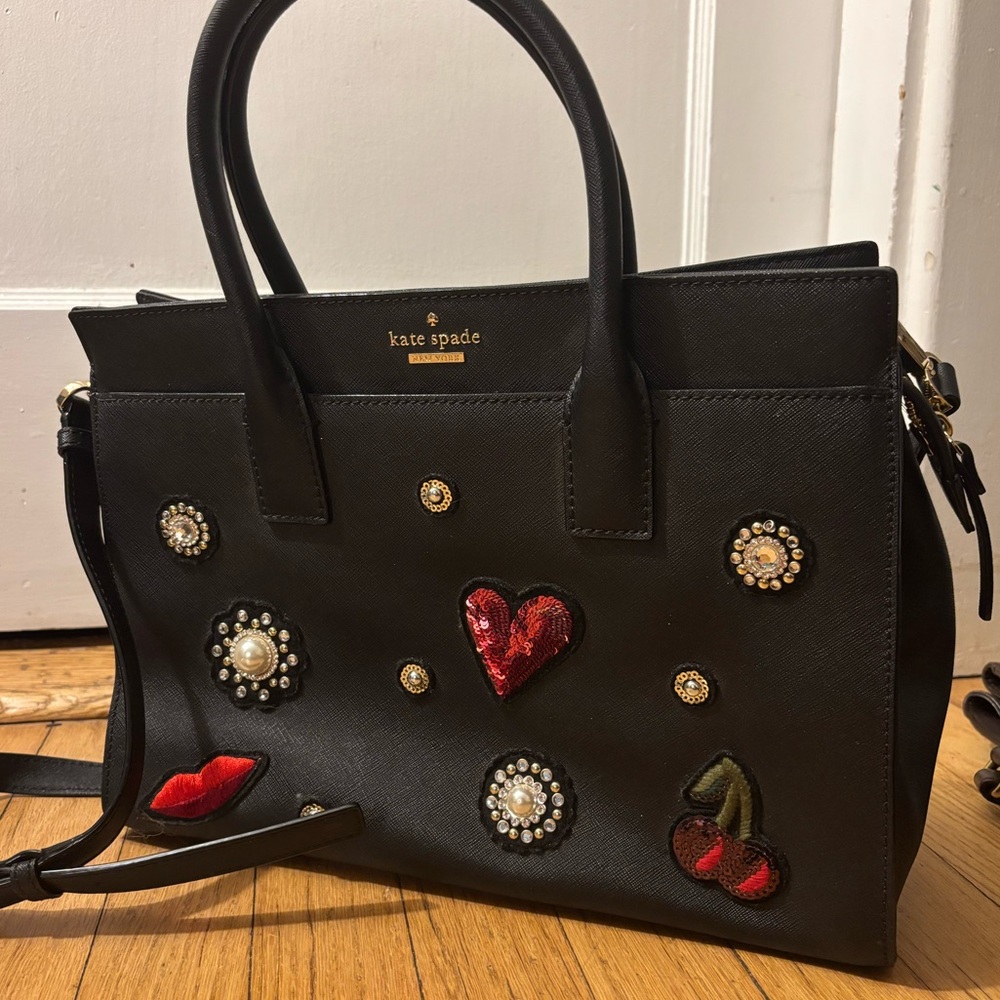 Kate Spade Black Leather Tote with Striped Interior